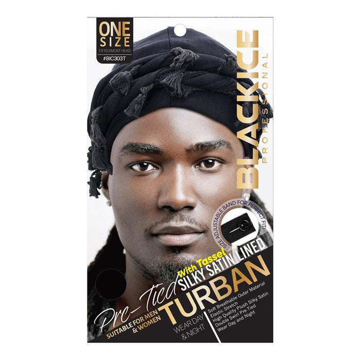 Black Ice Pre-Tied Silky Satin Lined Turban with Tassel - Black