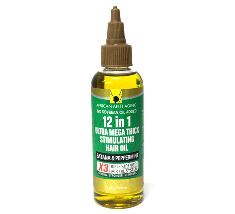 African Anti Aging 12 in 1 Mega Thick Stimulating Oil 3.38oz - Batana and Peppermint