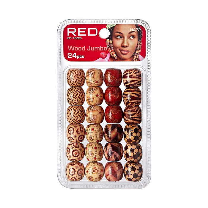 RED Wood Pattern Jumbo Hair Beads 24pcs