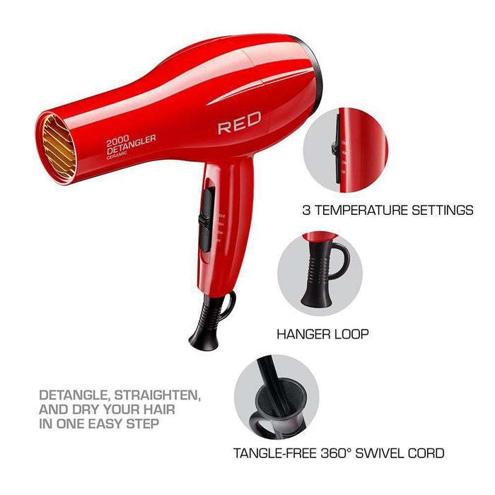 RED by KISS 2000 Ceramic Detangler Dryer with 3 Attachments