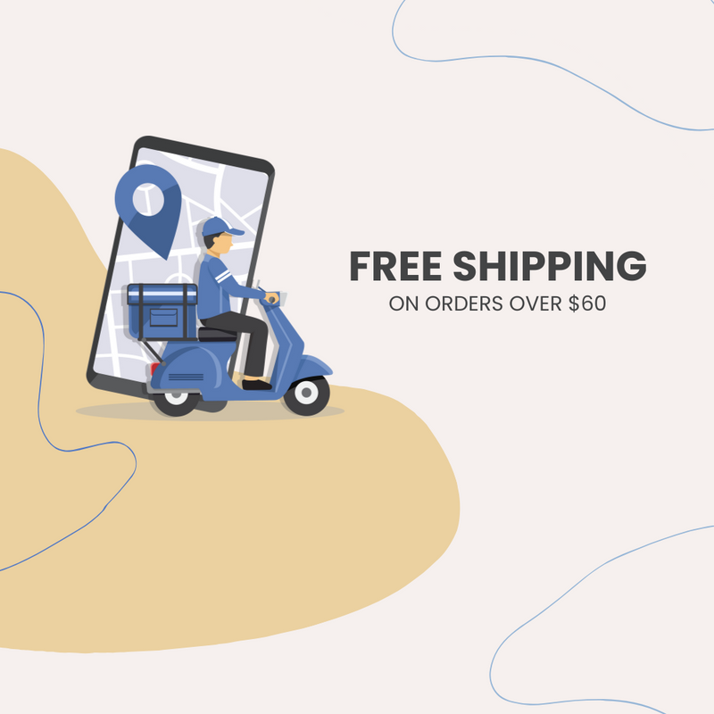 Illustration of a delivery person on a scooter with a smartphone showing a map, promoting free shipping on orders over $60.