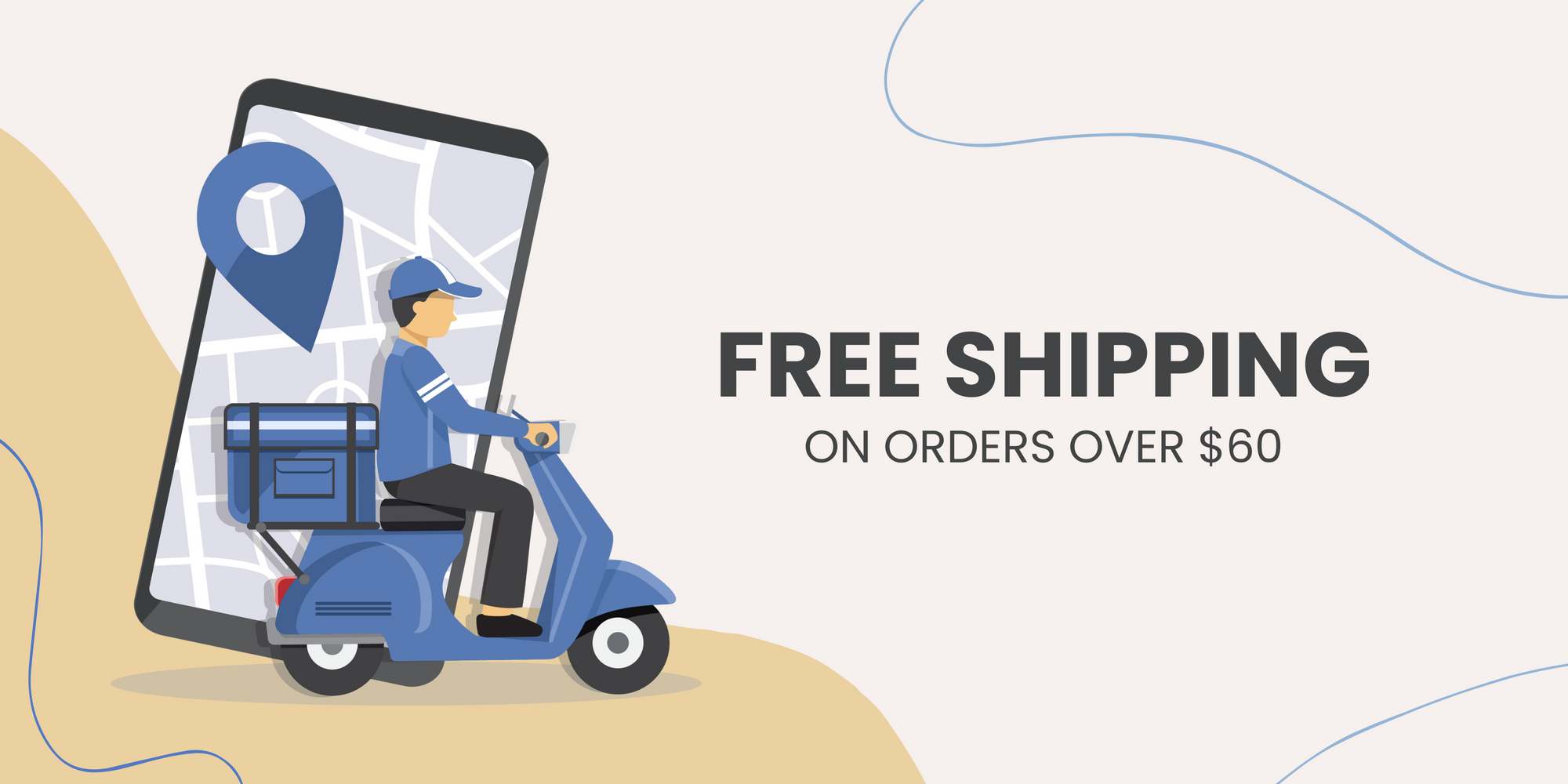 Illustration of a delivery person on a scooter with a smartphone showing a map, promoting free shipping on orders over $60.